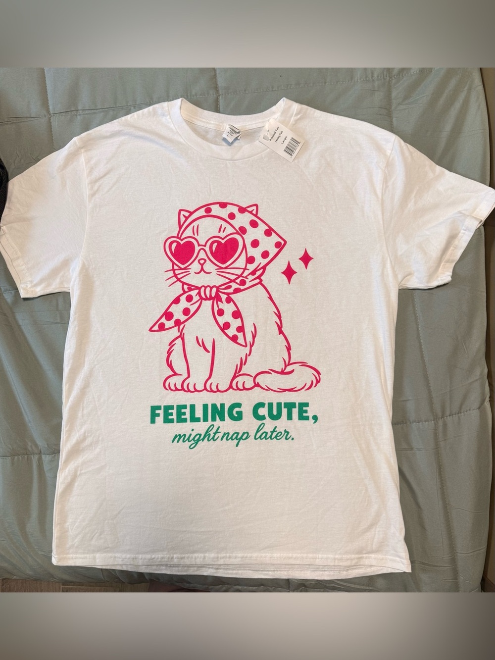 Feeling Cute Cat Graphic Tee - White with Pink and Green